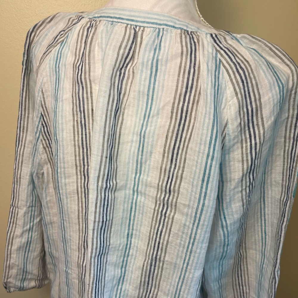 J Jill Love Linen Top L Petit Blue Stripe Embroidery Peasant Blouse Coastal Boho - Picture 13 of 14